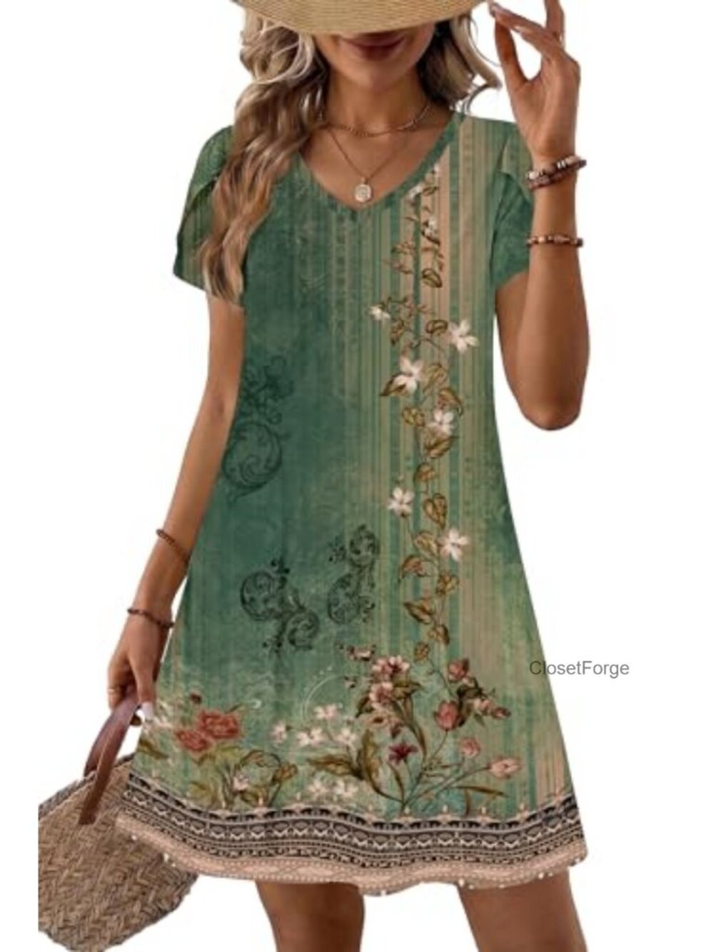A-Line Mini Dress with Pockets Flowy Summer Beach Swing Dress V-Neck